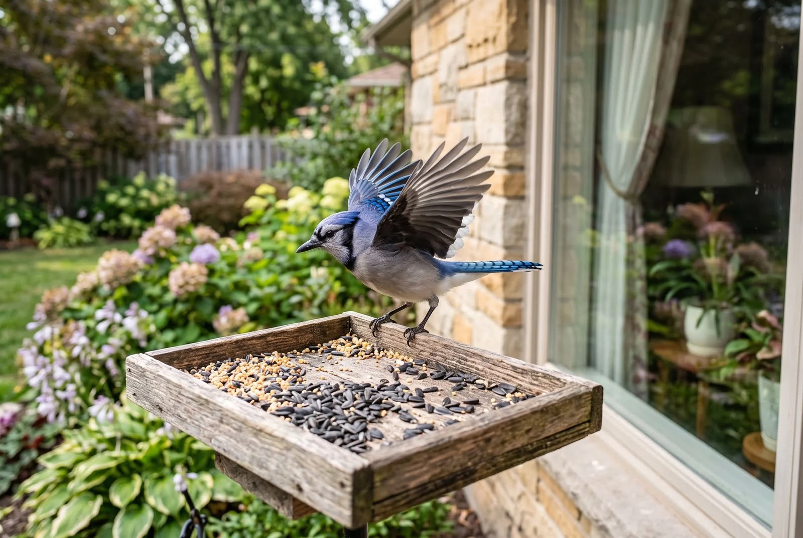 A blue jay landing on a backyard bird feeder beside a house window.