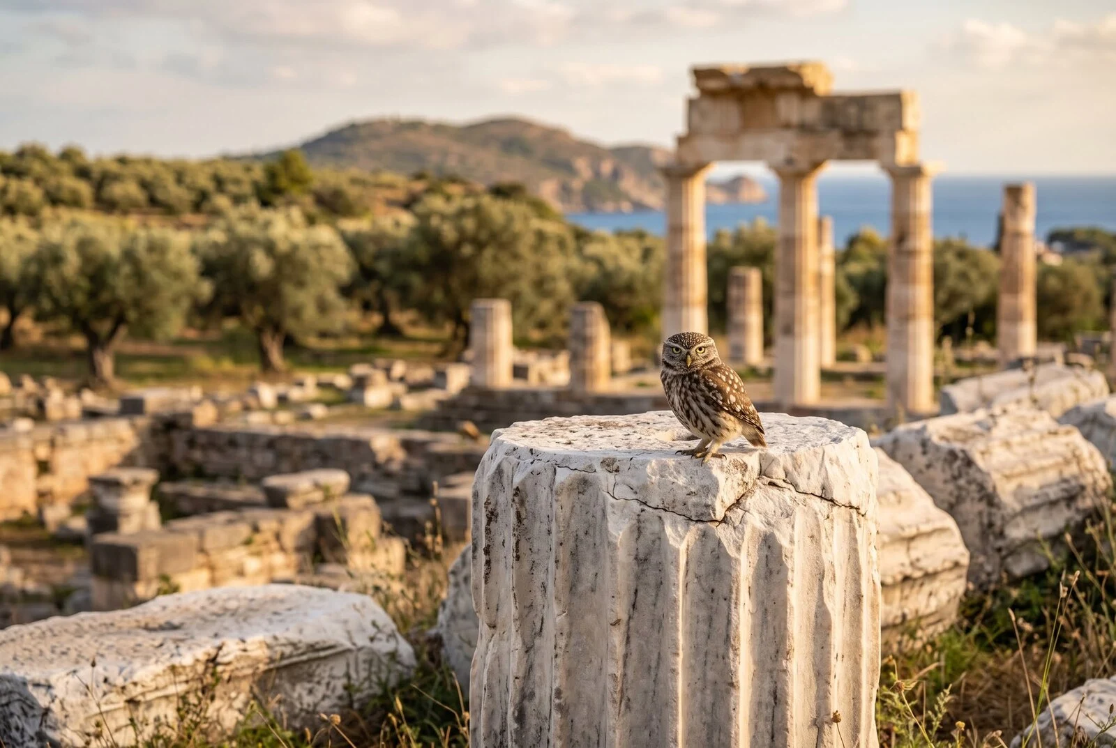 A little owl, the bird of Athena, perched on a marble column among ancient Greek ruins.