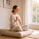 Person sitting in peaceful loving-kindness meditation with hands over heart in soft natural morning light.