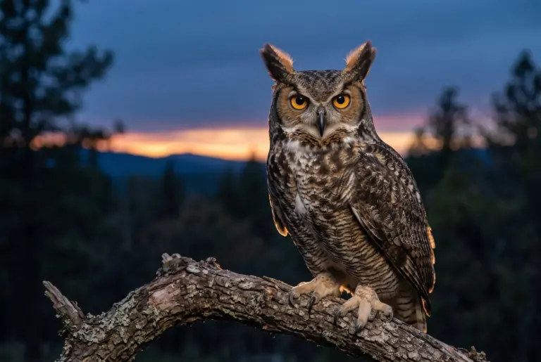 owl symbolism: A great horned owl perched on an oak branch at dusk, watching with wide amber eyes.