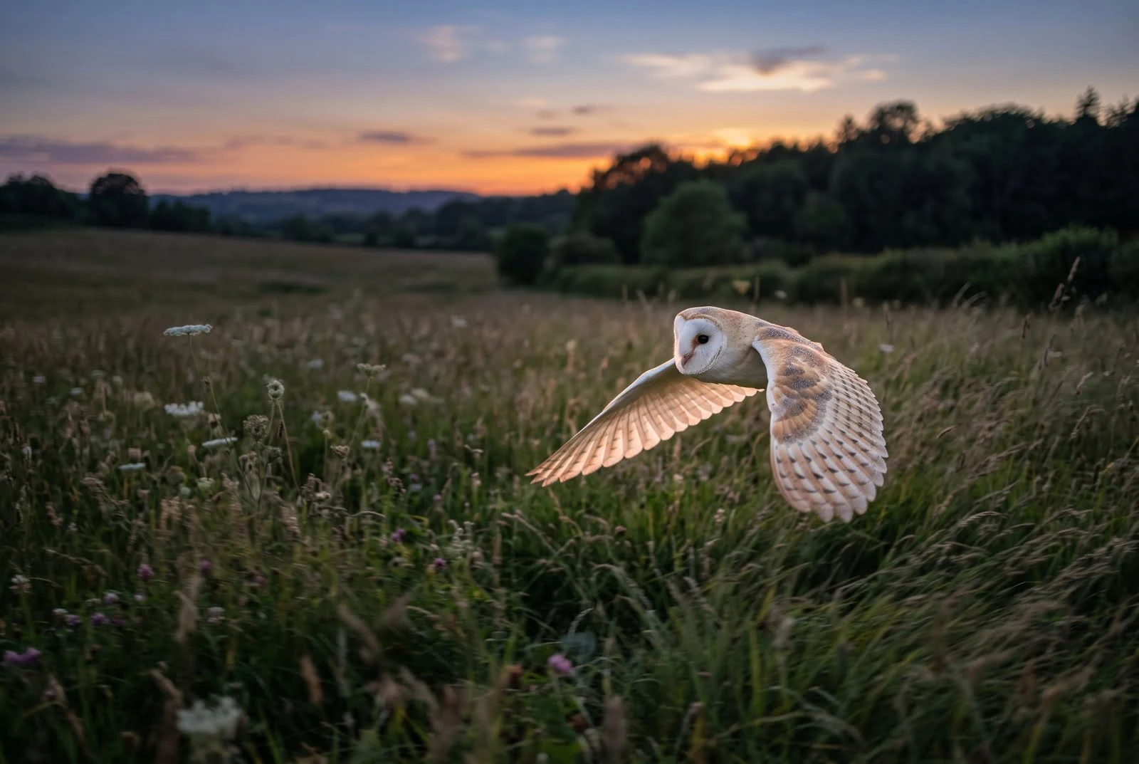 A white barn owl with a heart-shaped face gliding silently over a meadow at twilight.